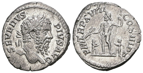 EF Ancient Roman silver denarius of the Emperor Septimius Severus struck in Rome in 210 AD